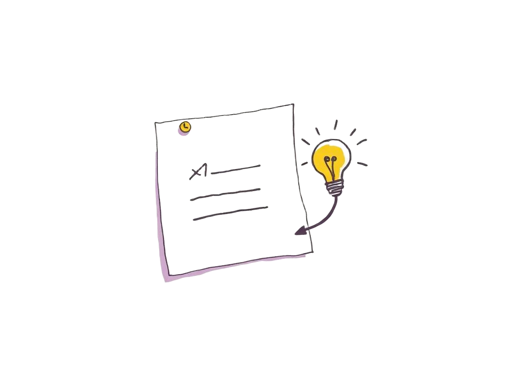 A sticky note with a crossed-out idea looping to a light bulb